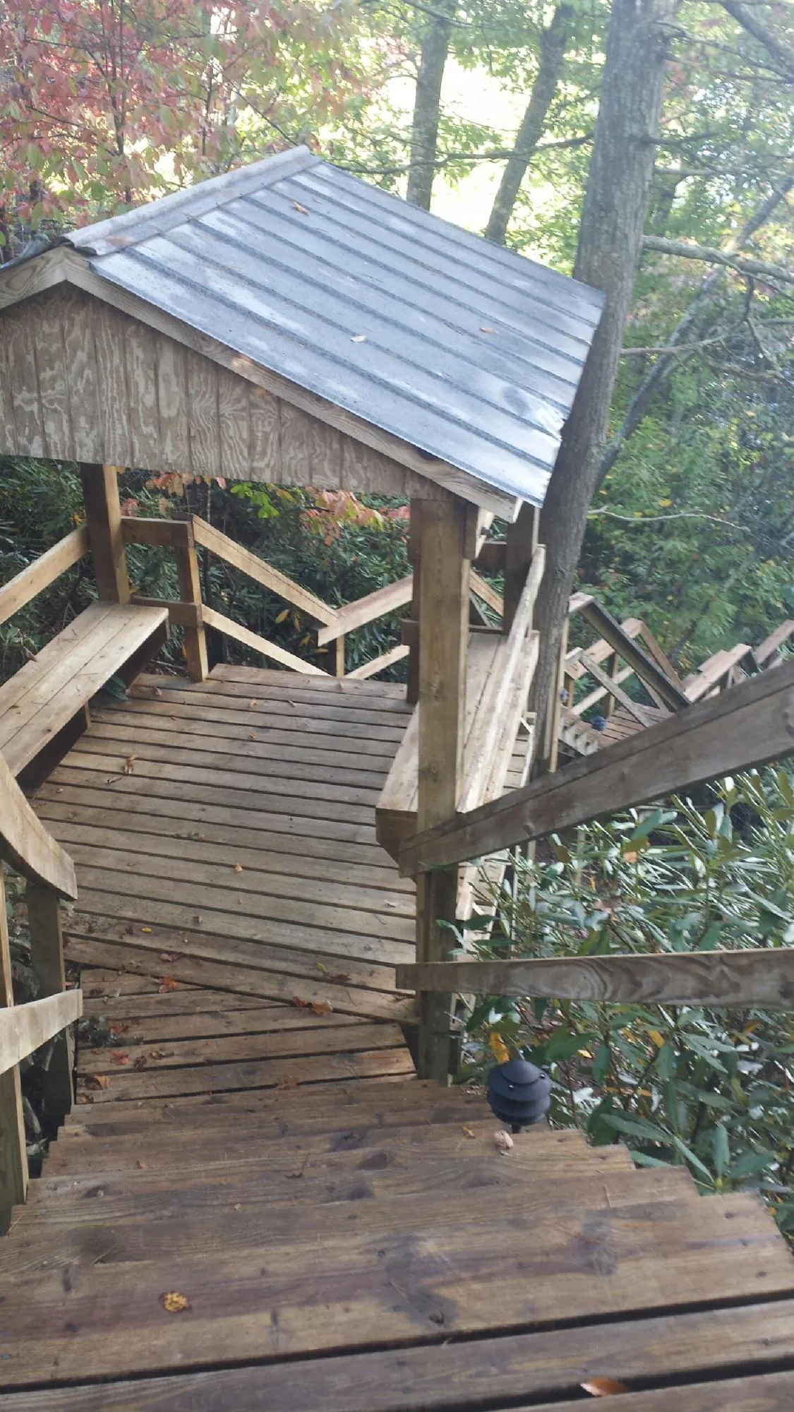 Metal roofed shelter over wooden steps on a wooded walkway — Skylight Repair & Installation work by our crew in Suches